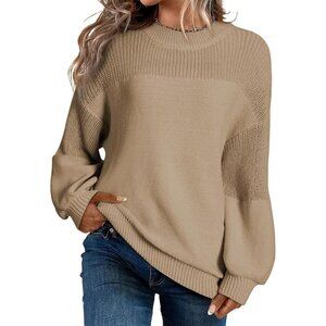 Women's Khaki Crewneck Long Sleeve Jumper Sweaters Tops Loose Knit Pullover
